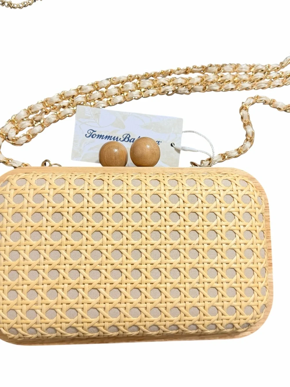 Tommy Bahama Natural Rattan Wicker Clutch Crossbody Bag Wooden Frame NWT
